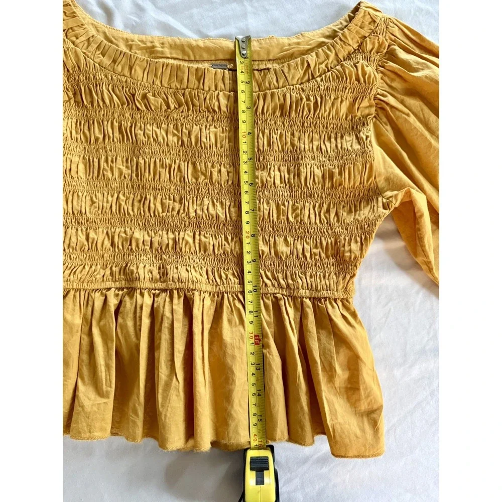 Free People Whoa Ruffle Top blouse mustard yellow XS 100% Cotton Boho Romantic